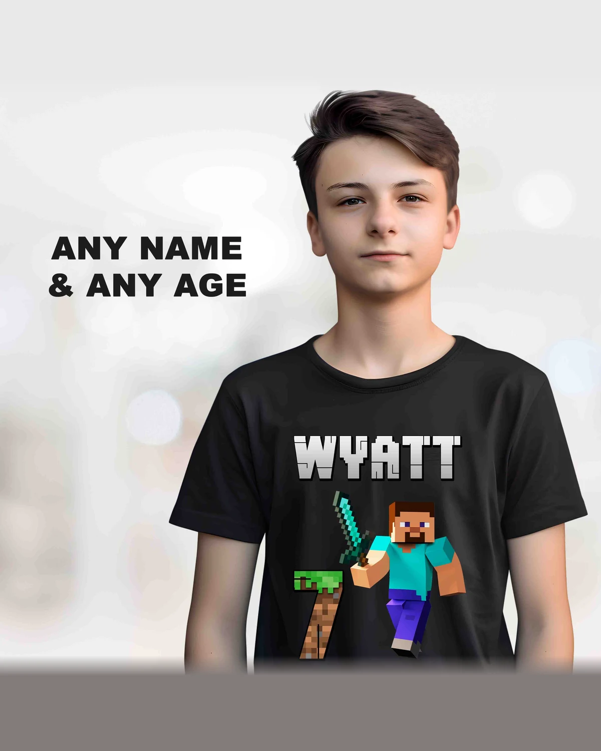 Minecraft Steve Birthday T-Shirt with Custom Name and Age