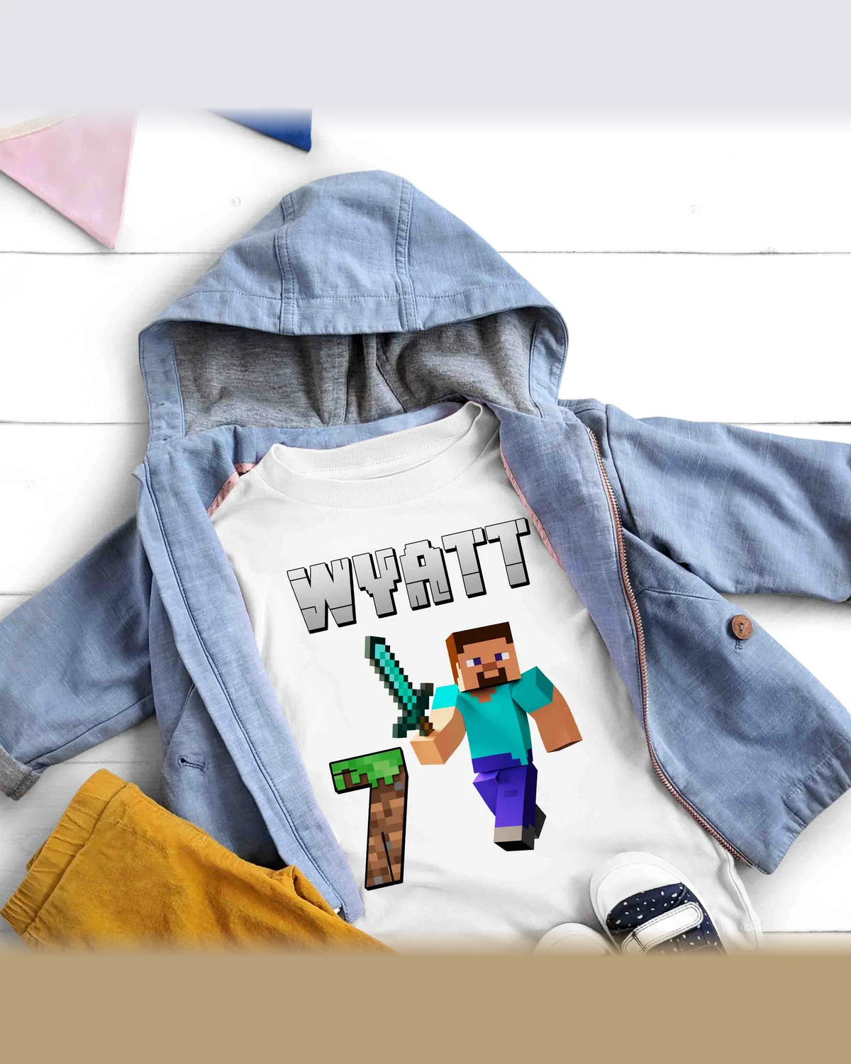 Minecraft Steve Birthday T-Shirt with Custom Name and Age