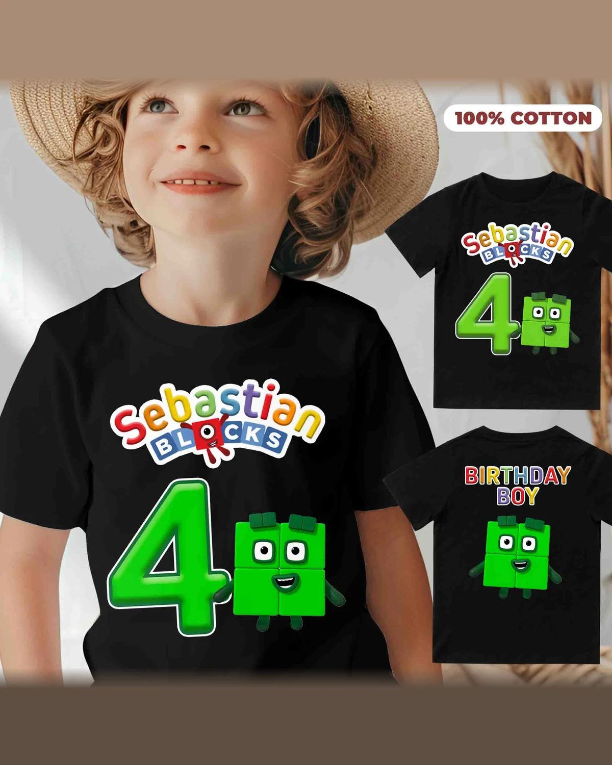 Numberblocks Four Birthday T-Shirt with Custom Name and Age