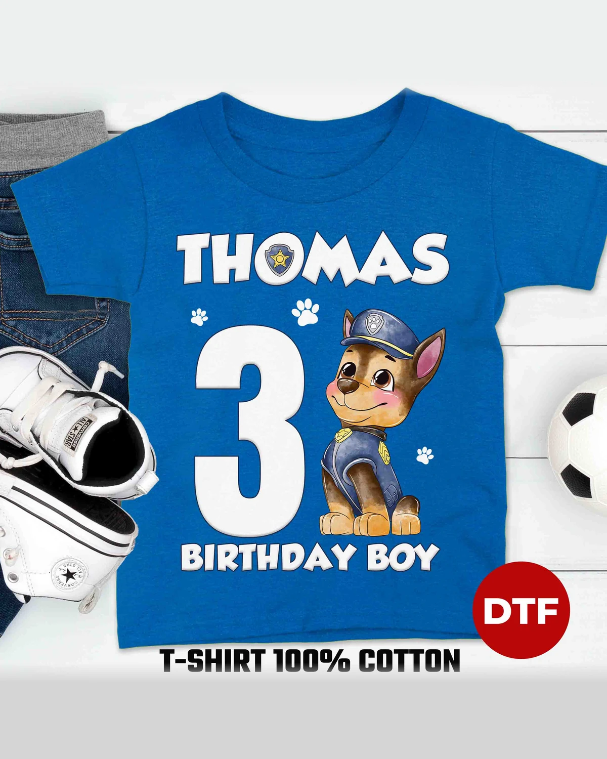 Paw Patrol Chase Birthday T-Shirt with Custom Name and Age