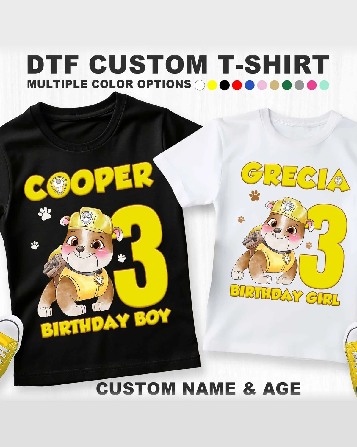 Paw Patrol Rubble Birthday T-Shirt with Custom Name and Age