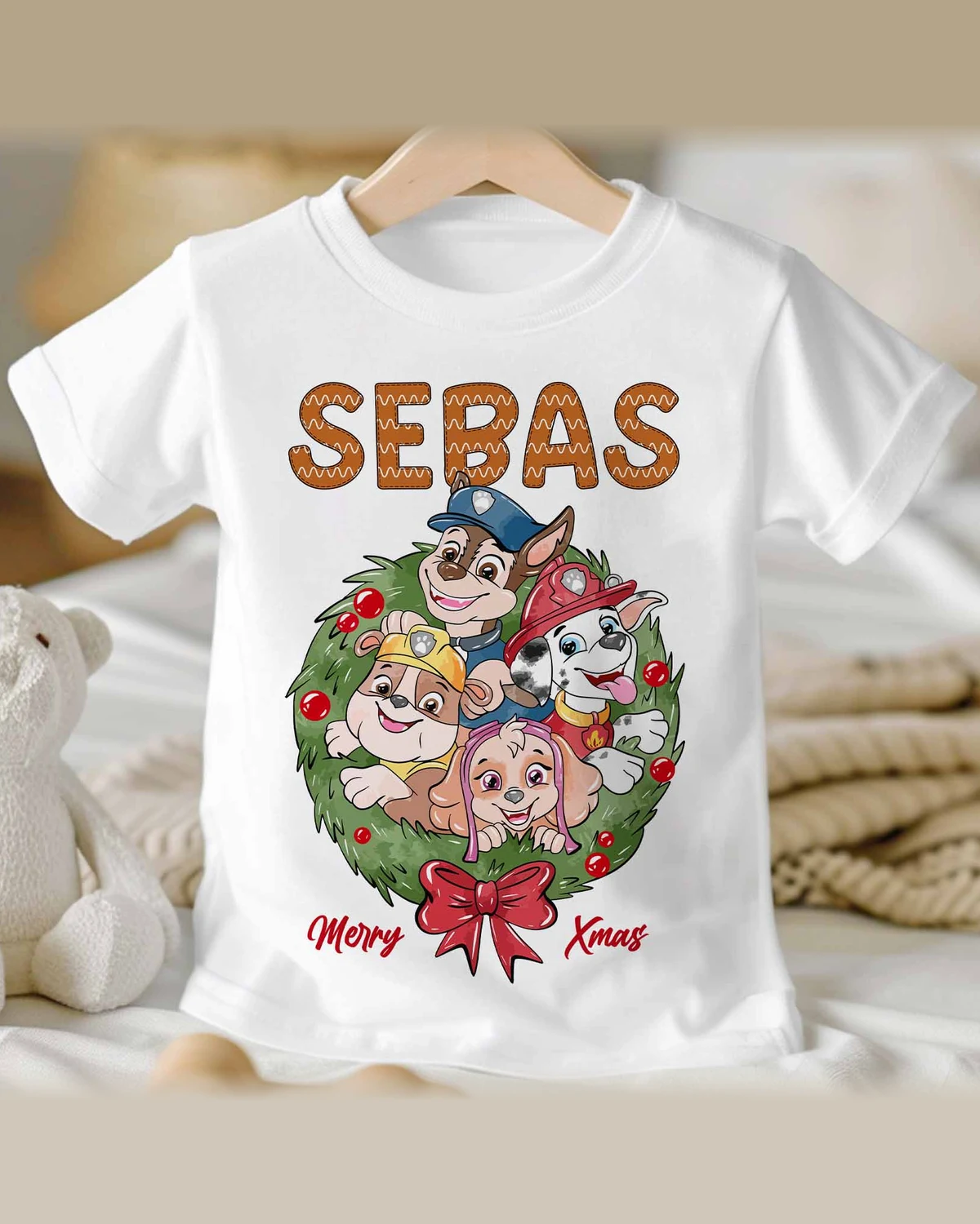 Personalized Paw Patrol Christmas Wreath T-Shirt with Name