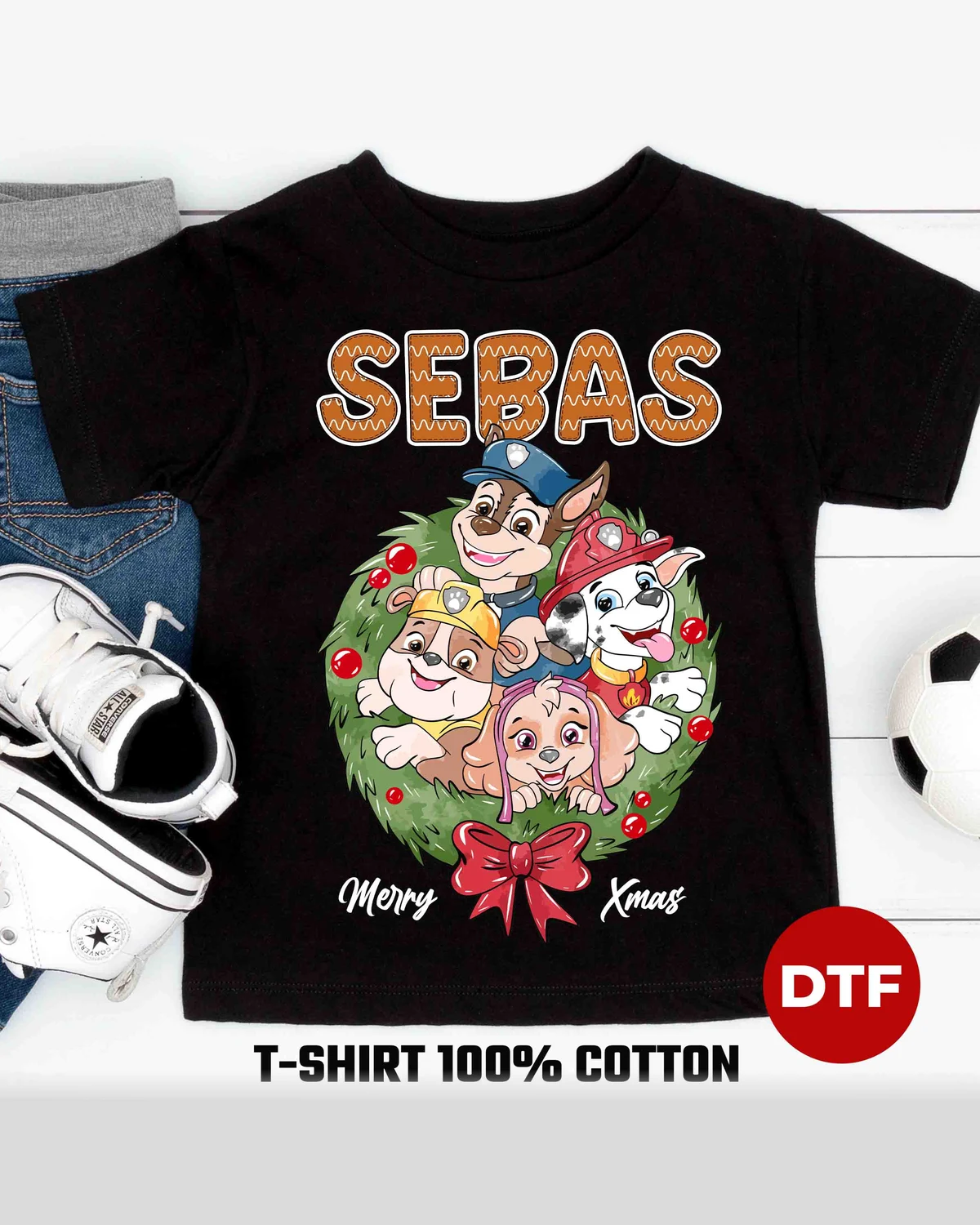 Personalized Paw Patrol Christmas Wreath T-Shirt with Name