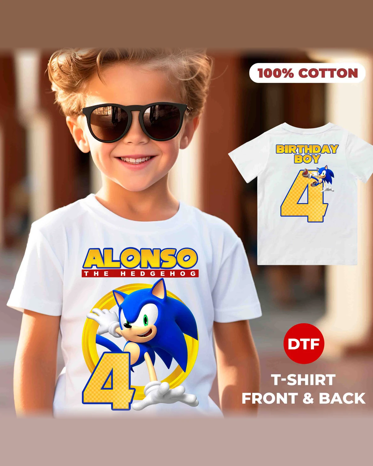 Sonic Front and Back Birthday T-Shirt with Custom Name and Age