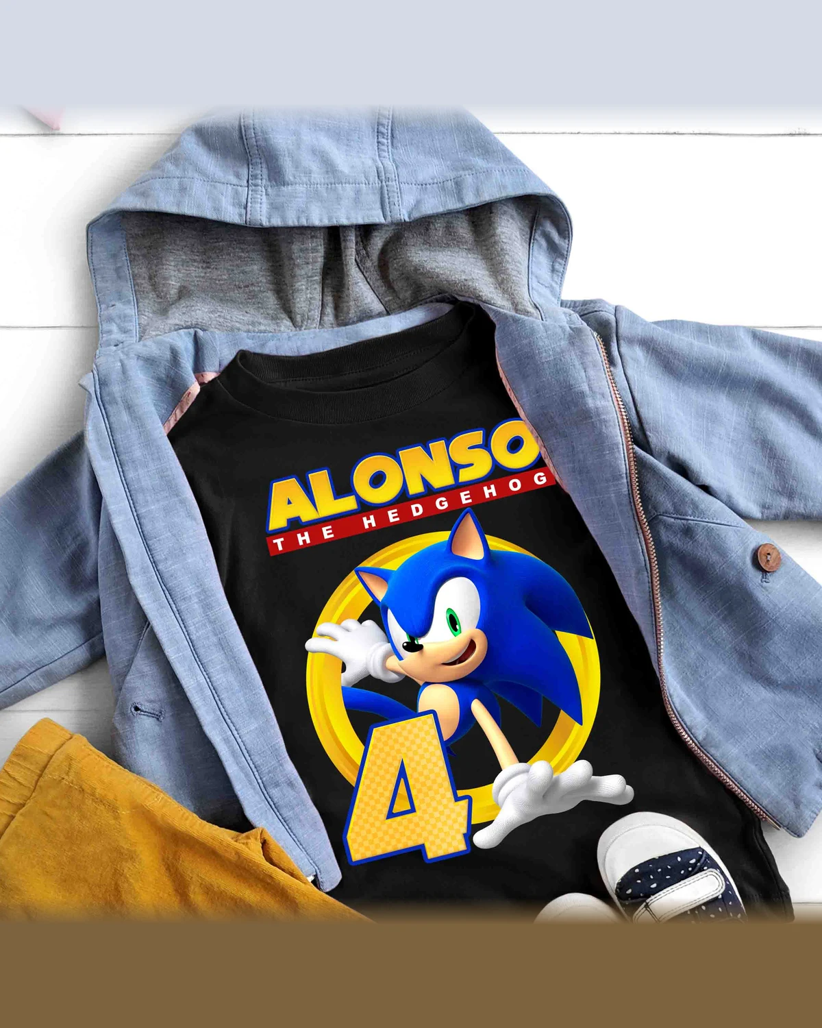 Sonic Front and Back Birthday T-Shirt with Custom Name and Age