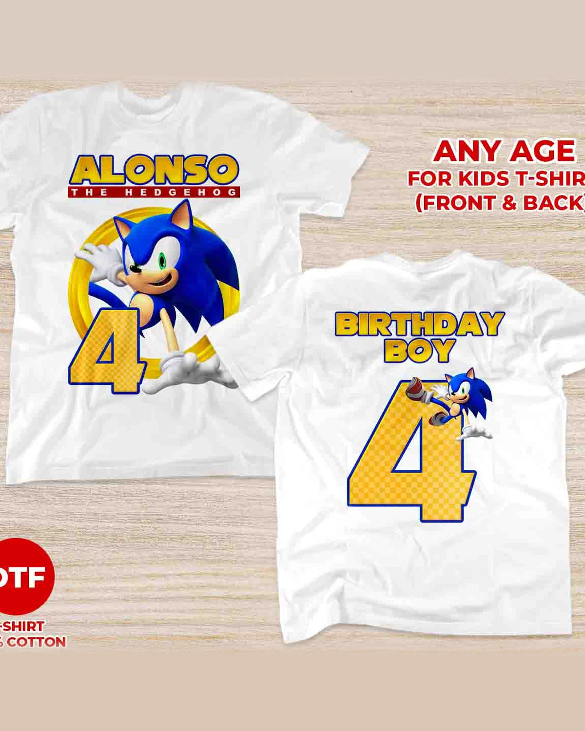 Sonic Front and Back Birthday T-Shirt with Custom Name and Age