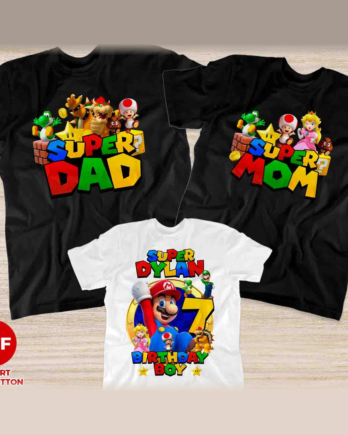 Super Mario Birthday T-Shirt with Custom Name, Matching Family Shirts