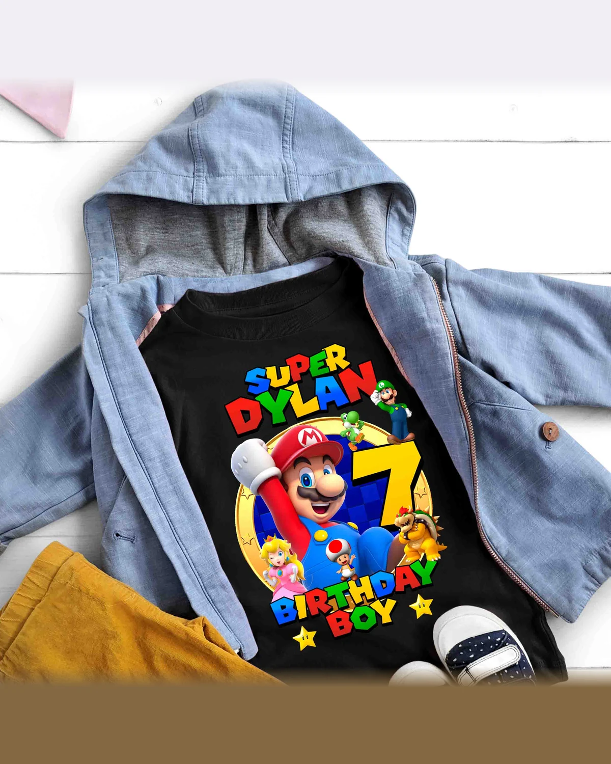 Super Mario Birthday T-Shirt with Custom Name, Matching Family Shirts